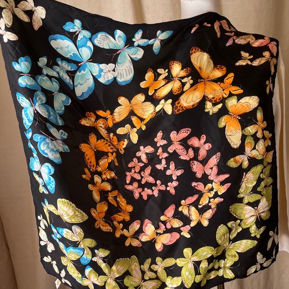Talbots Accessories - Talbots Silk Butterfly Print Scarf Black Multicolor Rolled Edge Vintage Wrap
